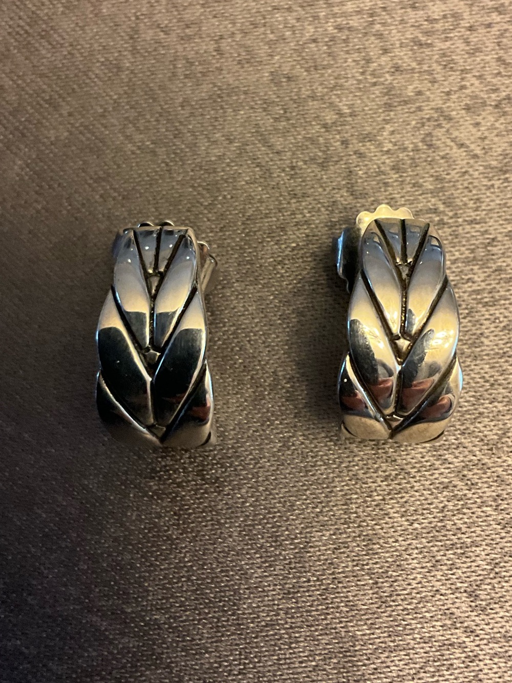 John Hardy Sterling Silver Graduated Leaf Detail "J" Style Hoop Earrings.